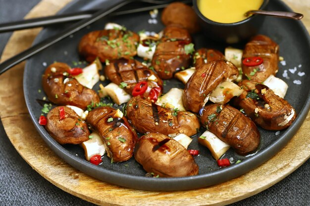 Closeup Grilled mushrooms on a plate