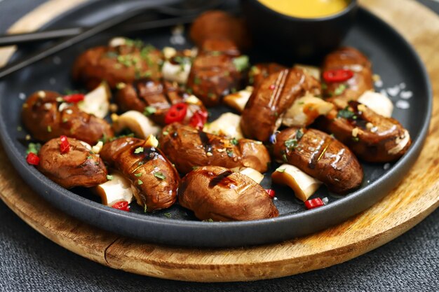 Closeup Grilled mushrooms on a plate