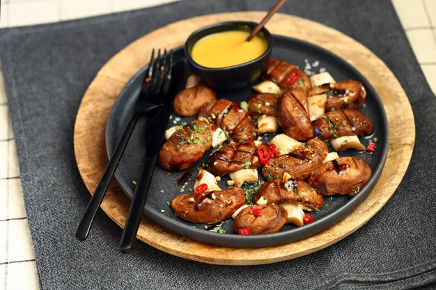 Closeup Grilled mushrooms on a plate