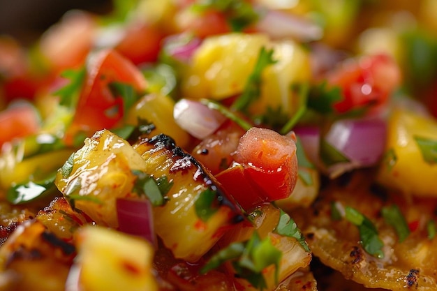 Closeup of a grilled pineapple salsa topping on a taco