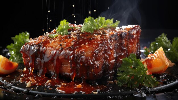 Closeup grilled ribs with melted barbeque sauce on a black and blurry background