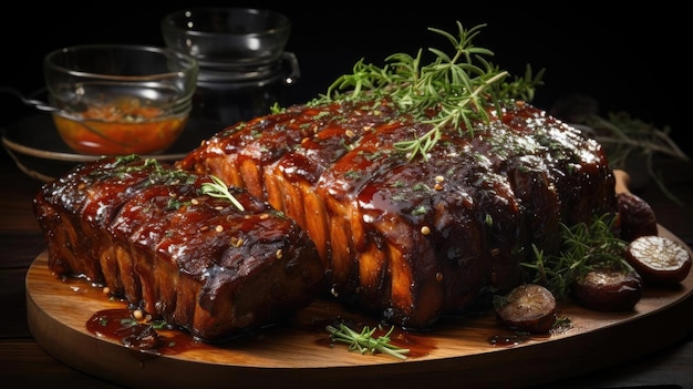 Closeup Grilled Ribs with melted barbeque sauce on a black and blurry background