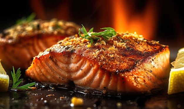 Closeup of grilled salmon with spices and lemon Created using generative AI tools