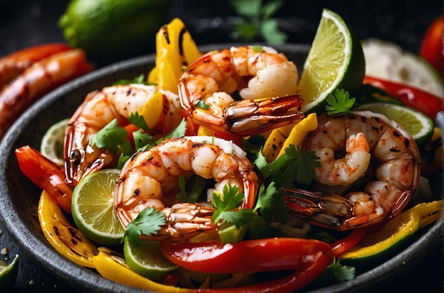 A closeup of grilled shrimp fajitas with lime wedge