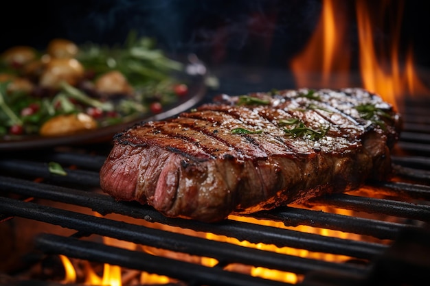 Closeup grilling barbecue steak on flaming Cooking and food