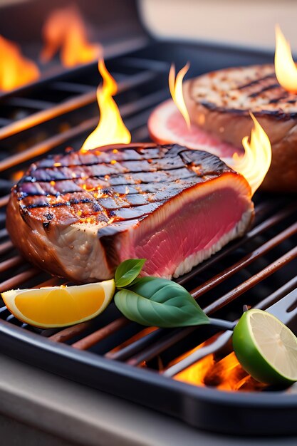 Closeup of grilling steaks of meat on barbecue with open flames Backyard BBQ
