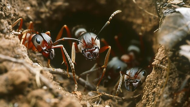 Foto un primo piano di un gruppo di formiche nel loro habitat naturale le formiche sono mostrate in grande dettaglio con le loro mandibole affilate e le antenne chiaramente visibili