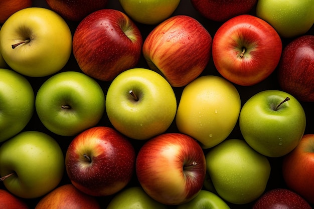 Closeup of a group of apples arranged in a row on a wooden table