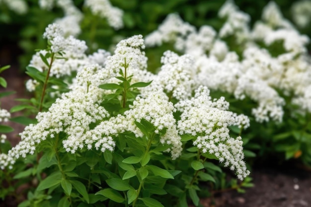 自然の中で育つ白い花を持つ茂みのグループのクローズアップ