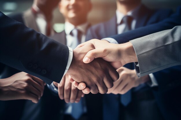 Closeup of group hand success business people person working together in office