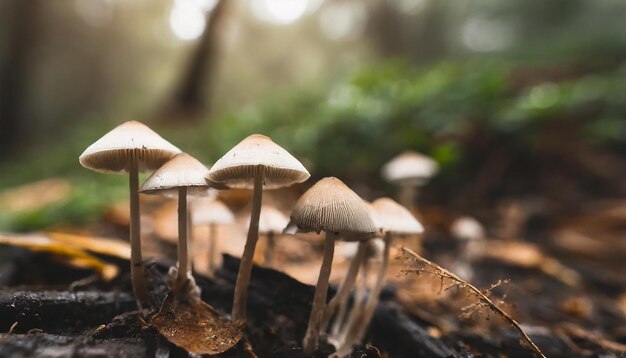 Closeup of group of little fresh mushrooms growing in fall rainy forest Autumn season