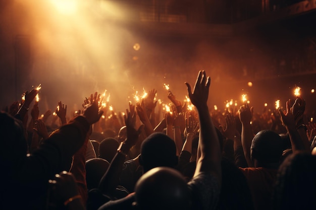 Closeup of a group of people clapping with sparklers during a concert