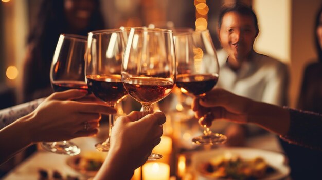 Клоуз-ап группы людей, выпивающих с бокалами вина в ресторане на ужин, созданное ИИ