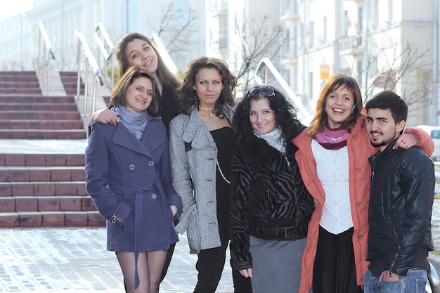 Closeup. the group of students standing on the street