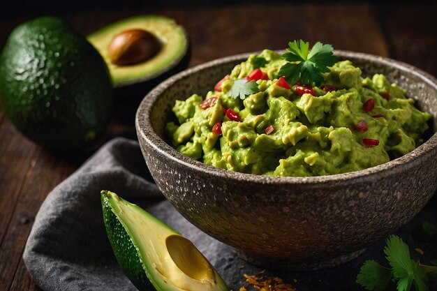 CloseUp of Guacamole Bowl with Ripe Avocados