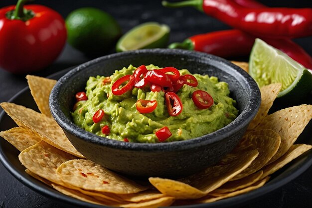 CloseUp of Guacamole Dip Garnished with Red Chili Pepp