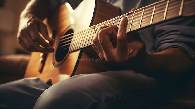 A closeup of a guitarists hands strumming chords