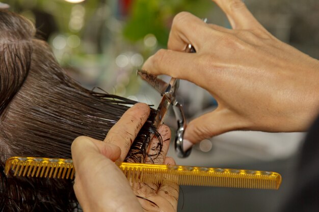 Closeup of a hairdresser cuts the wet brown hair of a client in a salon. Hairdresser cuts a woman. Side view of a hand cutting hair with scissors.