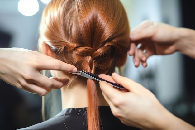 Closeup hairdresser man makes hairstyle for young woman in beauty salon Generative AI