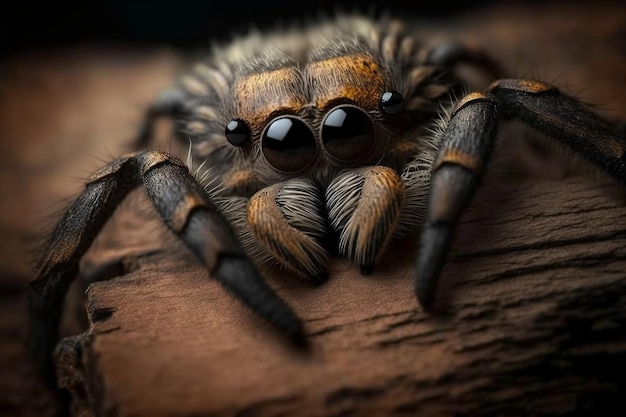 Closeup of hairy eighteyed tarantula scuttling on wood Generative Ai