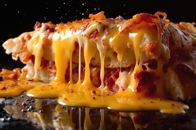 Closeup of halfeaten pizza with melting cheese created with generative ai