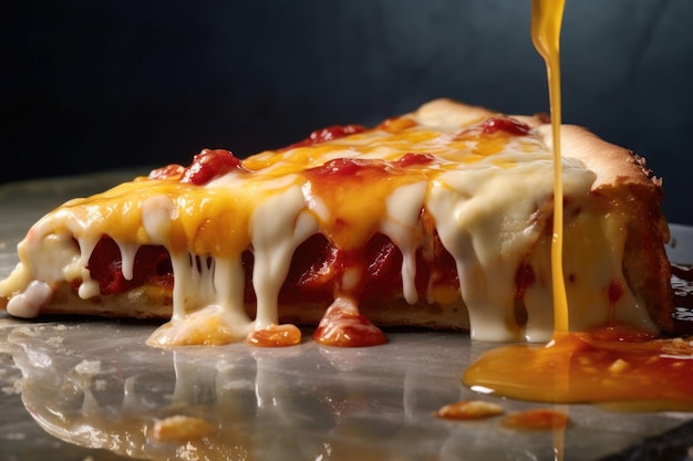 ゲネレーティブ・AIで作られた溶けるチーズの半分に切ったピザのクローズアップ