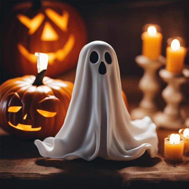 Closeup halloween ghost with pumpkin ai generated