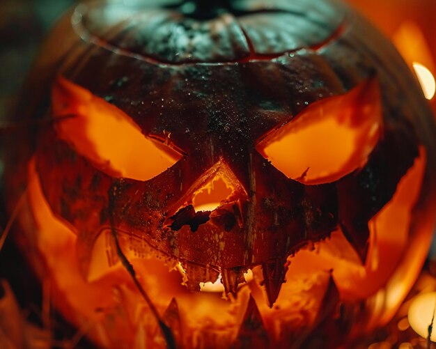 Closeup of a Halloween pumpkin with a scary face flickering candle inside festive and spooky