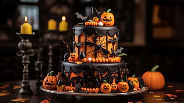 Closeup of a Halloween themed cake with intricate decorations