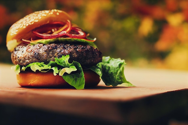 Closeup hamburger op openlucht herfst achtergrond