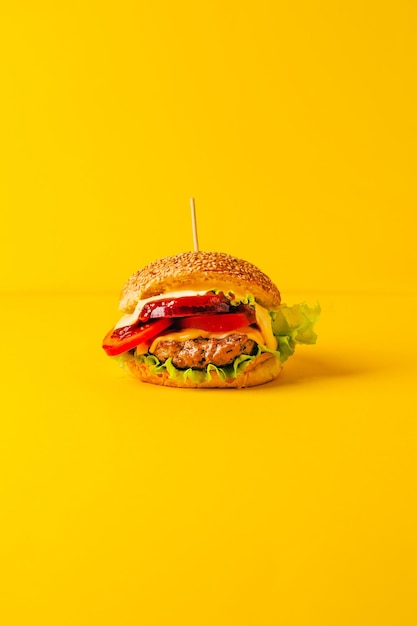 closeup of a hamburger on a yellow background