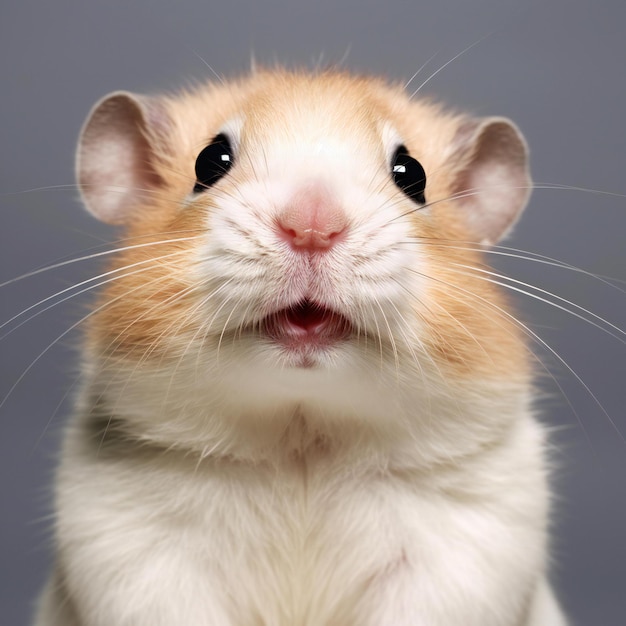 Photo closeup of a hamster with tongue out on grey background