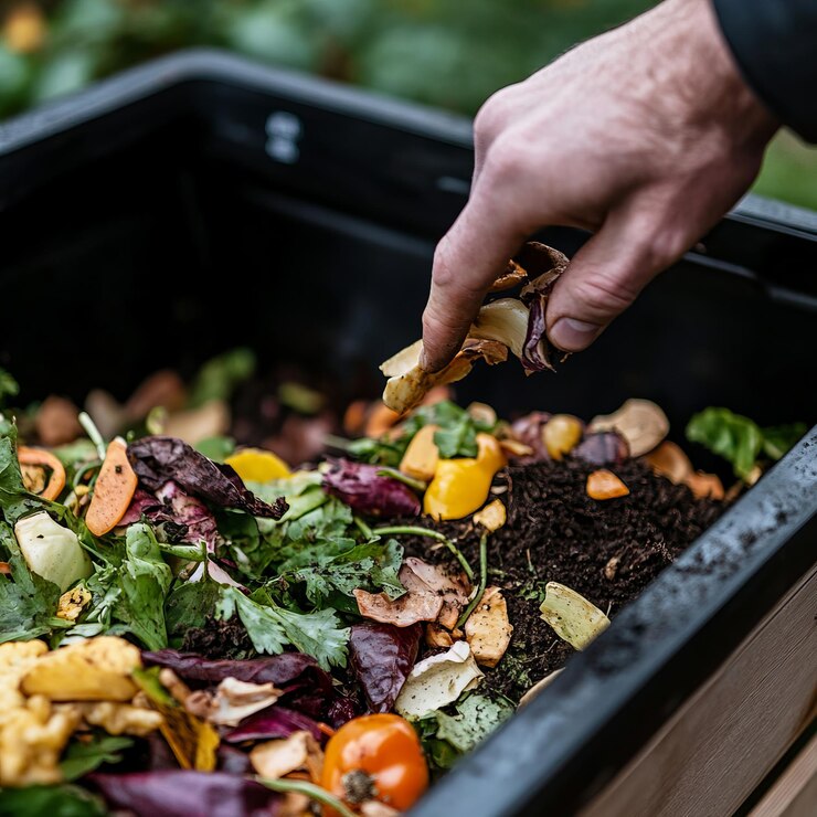 Photo closeup of hand adding food scraps to a compost bin