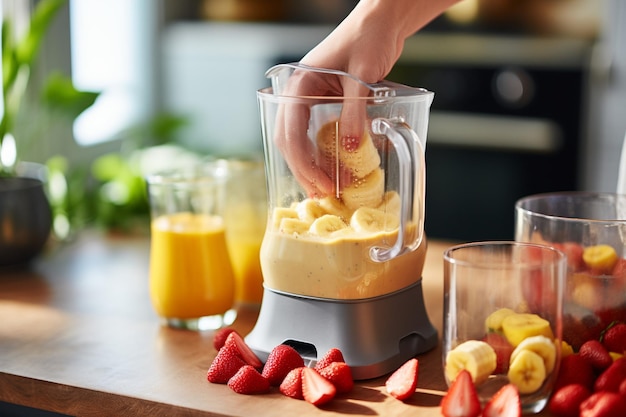 Foto close-up di una mano che aggiunge polvere di proteine al frullatore con fragole e banane