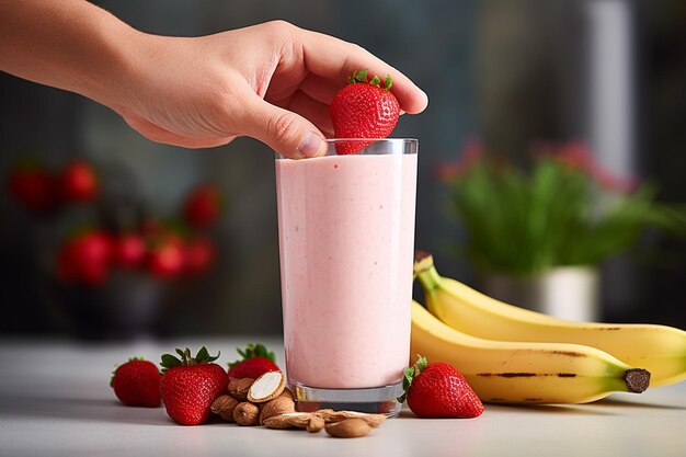 Closeup of a hand adding protein powder to the blender with strawberries and bananas