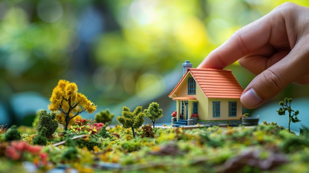 A closeup of a hand adjusting the position of a small house model on a miniature landscape