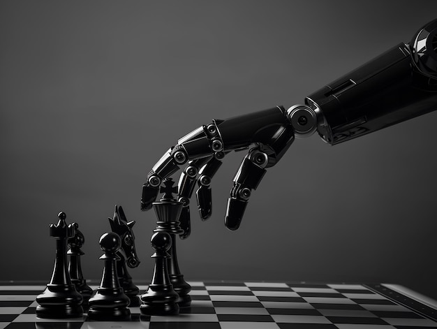 Closeup of hand of AI robot playing chess