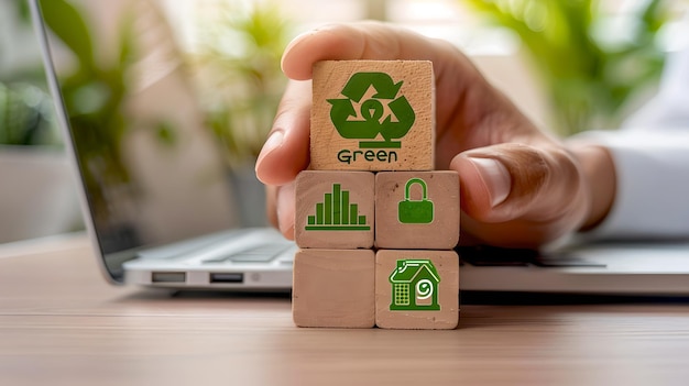 Photo closeup of a hand arranging wooden blocks with sustainability icons ecofriendly business concept green economy theme environmentally conscious decision making ai