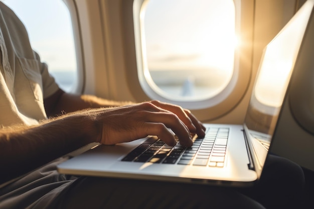 Closeup hand of a business man using a laptop while flying on an airplane near the window