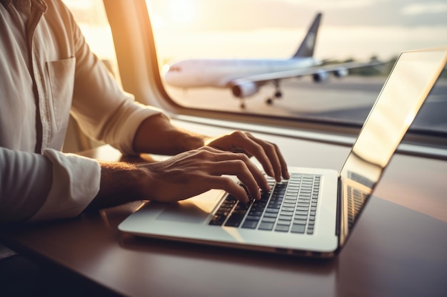 Closeup hand of a business man using a laptop while flying on an airplane near the window