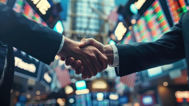 Closeup hand of Businessmen shaking hands in a stock exchange stock market background