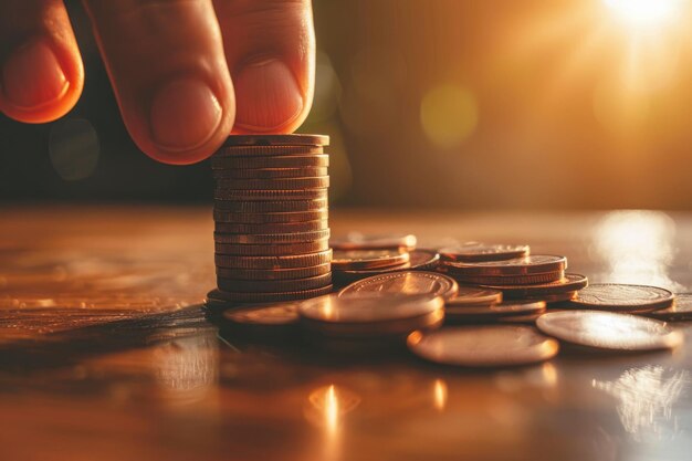 A closeup of a hand carefully stacking coins with a golden sunset in the background symbolizing financial growth and investment strategy