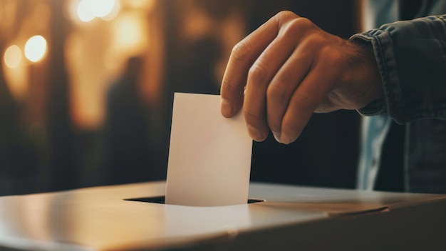 Photo closeup of a hand casting a ballot into a voting box election day atmosphere