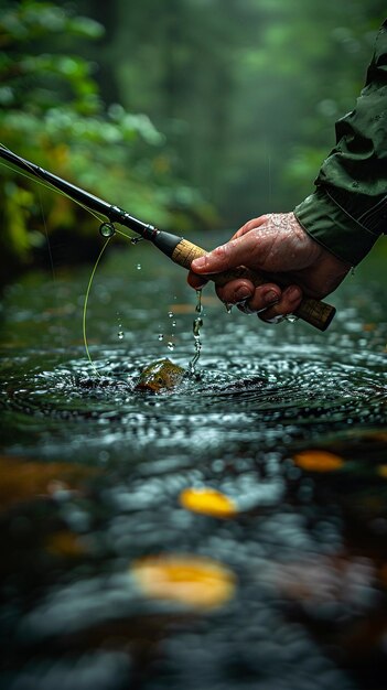 Photo closeup of a hand casting a fishing rod