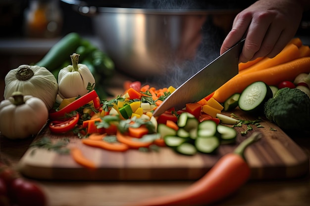 新鮮で風味豊かな食事のために野菜を切る手のクローズアップ