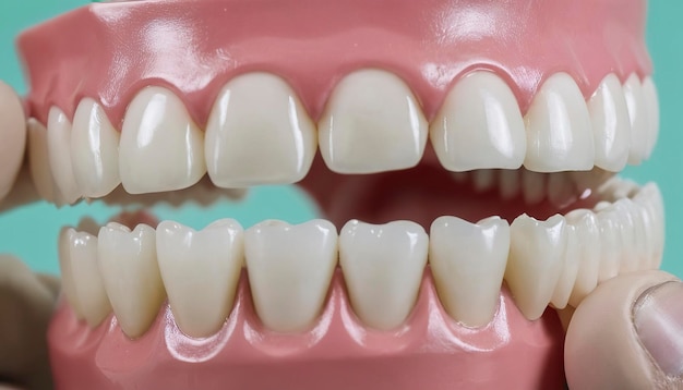 손 치과의사 의 클로즈업 은 치아 를 는 방법 을 보여 주는 치아 의  을 들고 있다