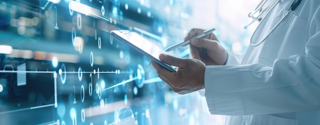 Photo closeup of hand of doctor using tablet computer