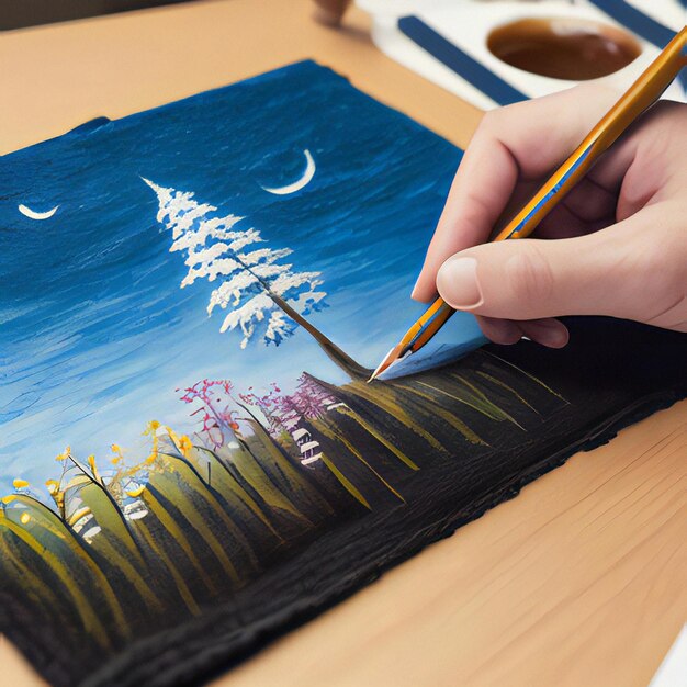 Closeup of a hand drawing a christmas tree with a pencil