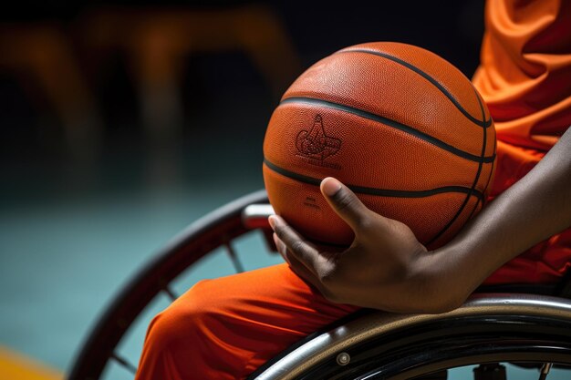 Closeup of a hand gripping a wheelchair basketball wheel