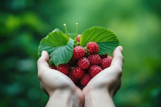 closeup hand hold berry with green nature background